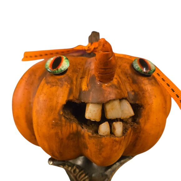 Halloween JOL Pumpkin OOAK Creepy Sculpture Jack O Lantern Teeth Assemblage Art - Picture 14 of 16